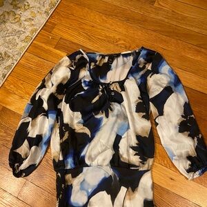 White House Black Market Blue and Black Patterned Blouse